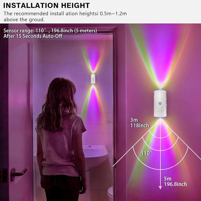 Rechargeable Motion Sensor Light Indoor, Magnetic RGB Wall Sconces 2 Pack | 7 Color Motion Sensor Night Light, 1500mAh Wireless Wall Sconces Battery Operated for Bedroom, Bathroom, Hallway, Stairs