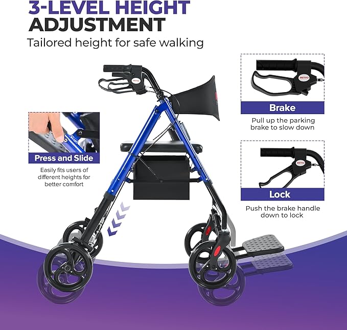 Metro Mobility 2 in 1 Rollator Walker & Transport Wheelchair, Foldable Lightweight Rollator Walker with Seat, 8" Big Wheels for All Terrain, 300 lb. Weight Capacity, Blue