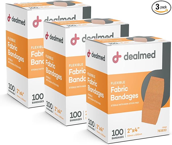 Dealmed Fabric Flexible Adhesive Bandages – 100 Count (3 Pack) Bandages with Non-Stick Pad, Latex Free, Wound Care for First Aid Kit, 2" x 4"