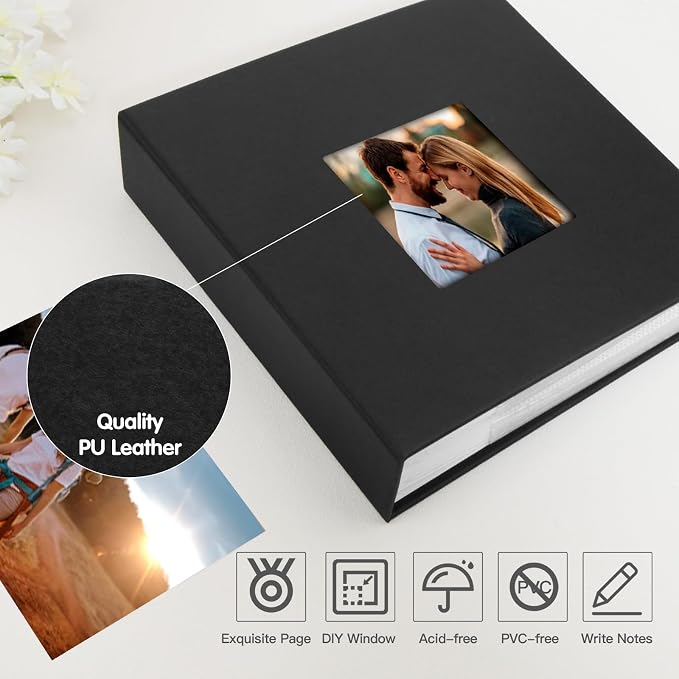 4x6 Photo Album Holds 240 Photos with Writing Space, Leather Cover Picture Book with Front Window for Family Wedding Baby Travel & Graduation Memories, Black