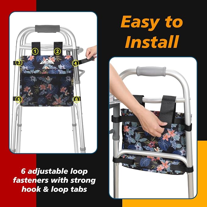 supregear Walker Side Bag, Water Resistant Accessory Basket Pouch for Folding Walkers, Lightweight Hand Free Storage Carrier Tote, Universal Size Seniors Caddy Attachment, Black Botanical Floral
