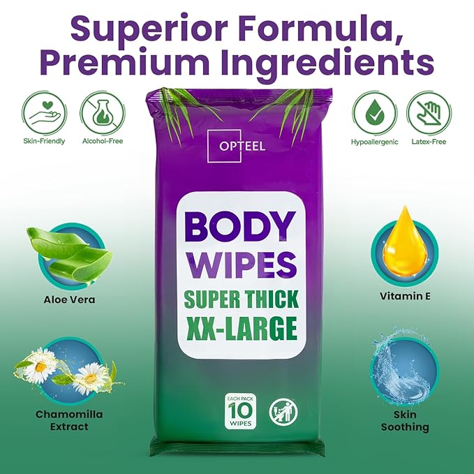 Thick & Large Body Wipes for Adults Bathing No Rinse – Shower Wipe, Ideal for Men, Women & Elderly – Soft & Gentle, Travel Wipes Perfect Alternative to Shower – 16 Packs (160ct)