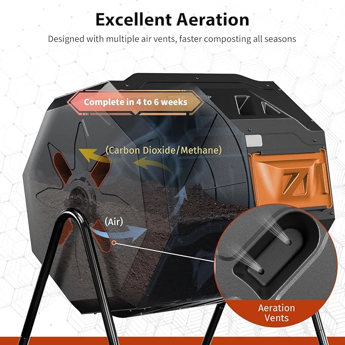 Compost Bin, 43-Gal Dual Chamber Composter Tumbler, Black Orange | Steel Frame with 2 Sliding Door and Aeration System, 360° Rotating, Tumbling Composting Bin for Kitchen, Garden, Yard