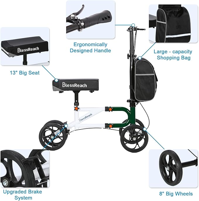 Knee Scooter Steerable Knee Walker for Foot Injuries Compact Crutch Alternative with Dual Braking System (Green)