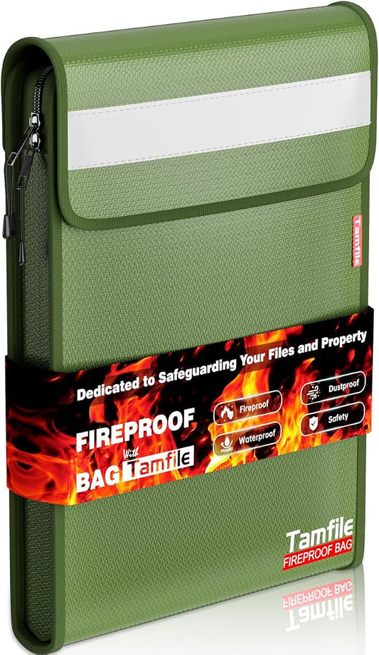 6400℉ Fireproof Document Bag, 15”x 11” Waterproof Document Organizer, Green | Fireproof Money Bag, 2 Pockets,Safe Important Document Organizer for A4 A5 Legal Letter Size, Valuables, Legal Documents