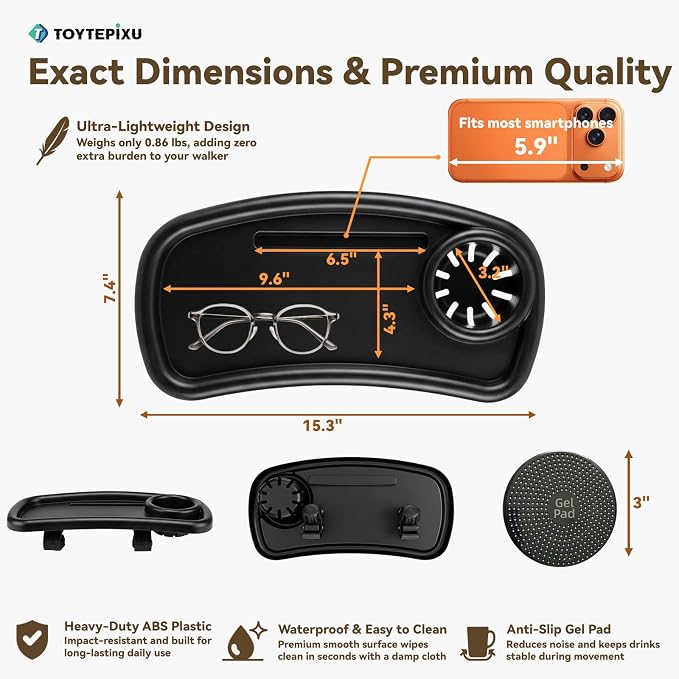 Slim Walker Tray Attachment for Seniors, Black | Front-Mount Compact Caddy, Cup Holder & Phone Slot, Fits 0.6"-1.4" Round Tube, Clear-View Organizer, 5 lbs Capacity