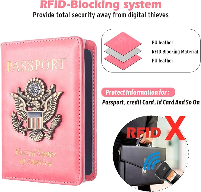 Passport Holder for Travel Women, RFID Blocking Passport Wallet Cover Case, Waterproof Leather Travel Wallet, Document Protector for Traveling Accessories-Hot Pink