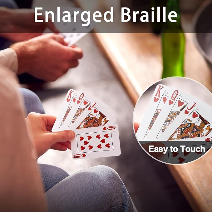 Braille Playing Cards for Visually Impaired - Large Print Tactile Poker Cards, 2.4x3.4 Inches, Sturdy Plastic for Blind Adults & Family Games