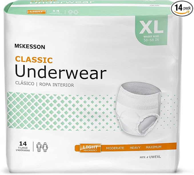 McKesson Classic Adult Incontinence Underwear, [14 Count], Light Absorbency, XL, 58-68 in. Unisex Bladder Leak Protection, Pull-On Style with Tear-Away Sides, Postpartum and Incontinence Support