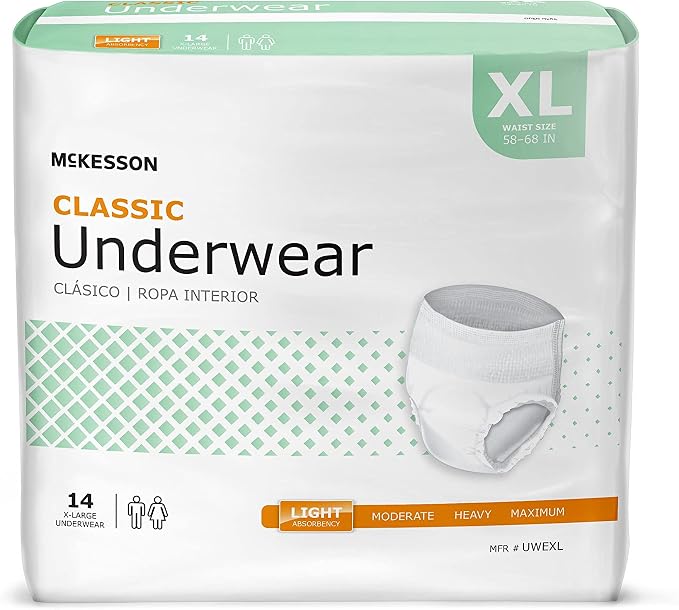 McKesson Classic Adult Incontinence Underwear, [56 Count], Light Absorbency, XL, 58-68 in. Unisex Bladder Leak Protection, Pull-On Style with Tear-Away Sides, Postpartum and Incontinence Support
