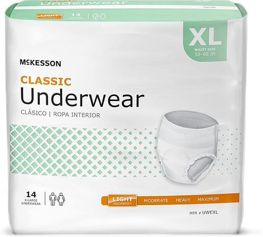 McKesson Classic Adult Incontinence Underwear, [56 Count], Light Absorbency, XL, 58-68 in. Unisex Bladder Leak Protection, Pull-On Style with Tear-Away Sides, Postpartum and Incontinence Support