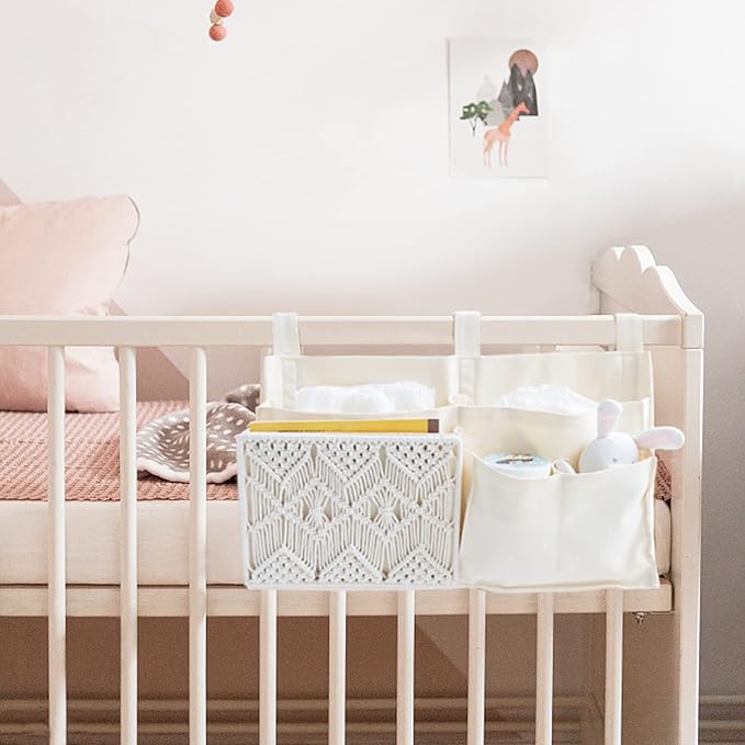 Mkono Bedside Caddy, Macrame Bunk Bed Hanging Organizer, 7 Pockets Ivory | Dorm Room Essentials, Boho Storage Bag, Remote Books Magazines Phone Snacks Drinks Holder, Bedroom Nursery Loft Baby Bed Rail