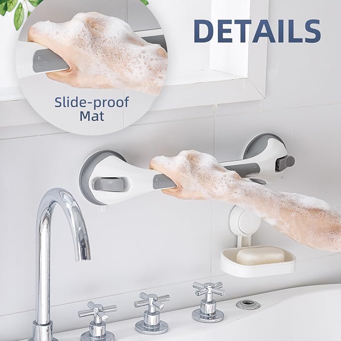 Grab Bars for Bathtubs and Showers Glow in The Dark, 17 inch Suction Grab Bar, Shower Handle Safety Grip Handrail for Seniors and Elderly, Removable Waterproof No Drilling, Grey