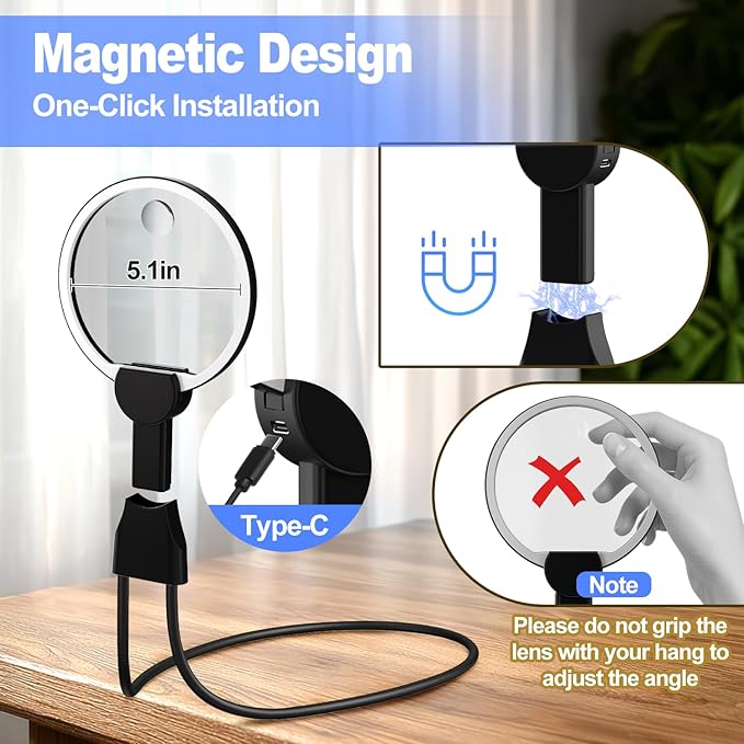 Magnifying Glass with Light Hands Free for Reading 5.5 Inch 5X, LED Light with 2 Modes, Flexible Neck-Worn Large Magnifie, Illuminated Magnifier for Seniors Inspection, Coins, Jewelry, Sewing