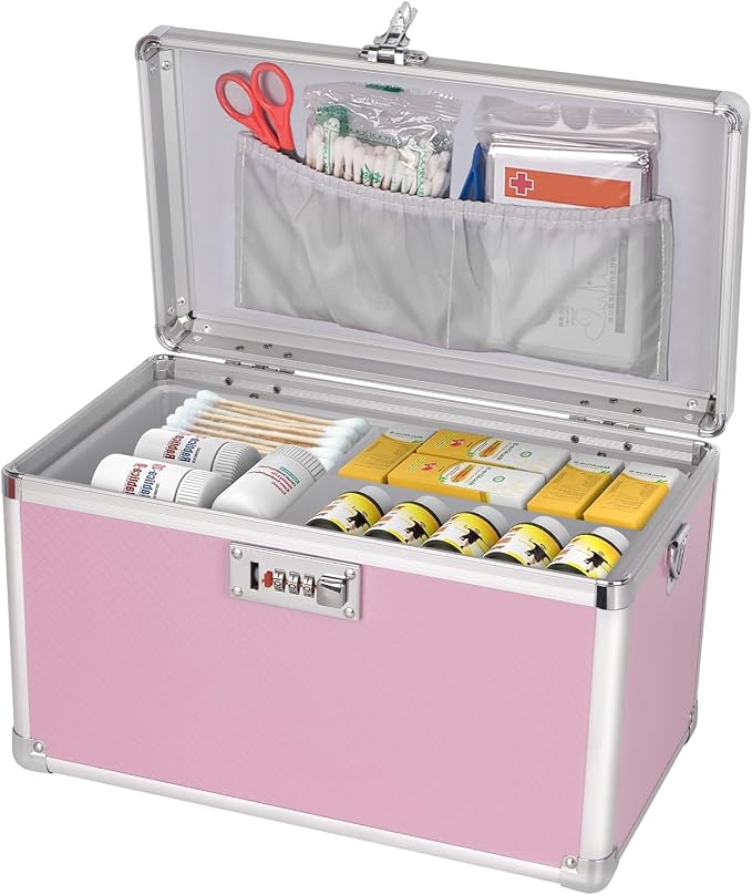 Medicine Box with Combination Lock - 10"x6"x6.7" First Aid Safe Medication Storage Case, Personal Items Safe Case for Hospital & Home & Outdoor 【Pink】