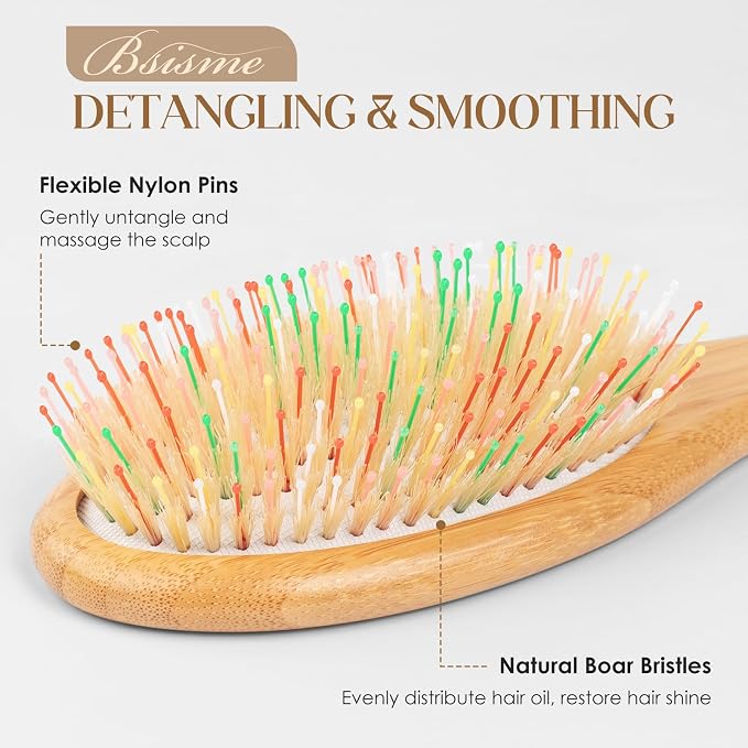 Boar Bristle Hair Brush, Natural Bamboo Paddle Detangler Hairbrush | Aanti static, scalp massage, smooths hair, boosts shine & health, works for women, men & kids thick thin curly wet dry hair