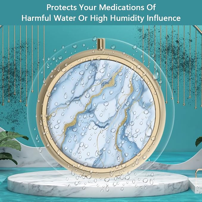 Pill Case Pill Box with Mirror Retro 3 Compartment Small Pill Case for Purse or Pocket Bronze Small Roud Pill Box or Vitamins, Fish Oil, Supplements, Pill Containe Travel Gifts（ White Blue Marble）