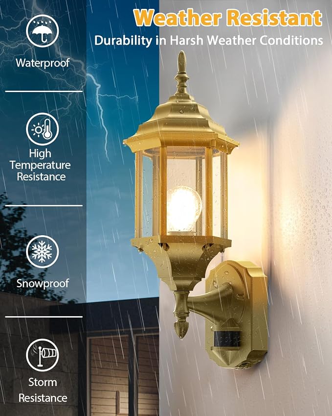 Redluck Motion Sensor Outdoor Wall Light Fixtures, 2Pack Outdoor Wall Lamps | Dusk to Dawn, Anti-Rust, Waterproof Aluminum Frame, Tempered Glass & Classic Exterior Porch Lights for House Garage, Gold