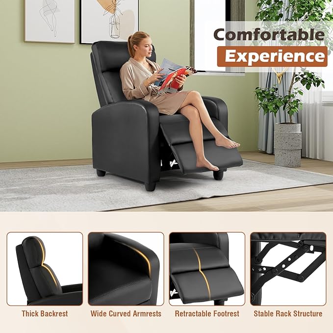 BestMassage Recliner Chair No Massage Function | Leather Black | with Lumbar Support, Adjustable Push Back, Wide Arm & Footrests, Padded Seat | Easy Assembly | for Living Room, Home Theatre