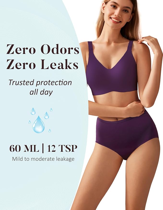 AIRCUTE Washable Urinary Incontinence Protective Underwear for Women Leak Proof Absorbent Reusable Panties 60ML 1 Pack (Purple, Medium)