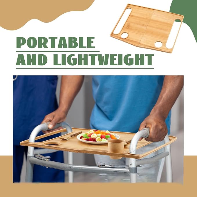 Walker Tray 21x15in Bamboo Table Cup Holder Folding | 21x15 inch bamboo walker tray, dual cup holders, strap for folding walker, raised lip anti-spill, portable