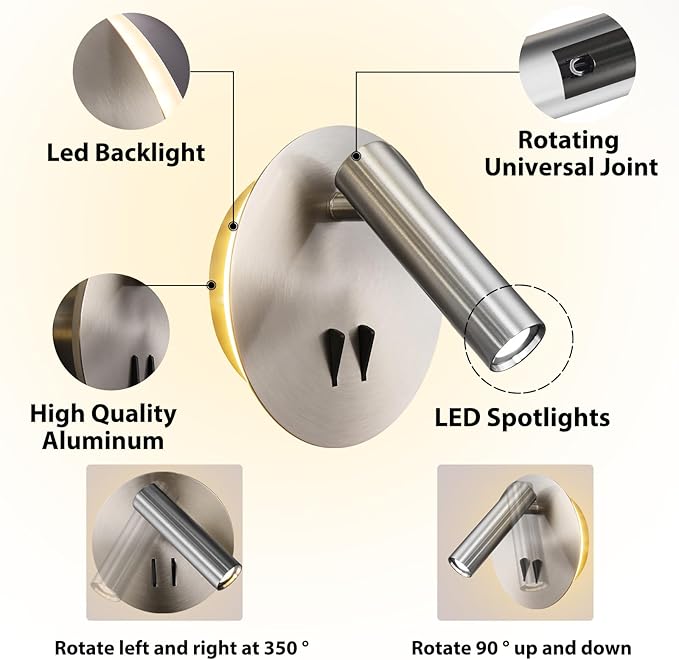 Round Wall Mount Reading Light for Bed Bedside, Modern Hardwired Sconce with on off Switch for Bedroom, Brushed Nickel Wall Sconce Mounted Beside Reading Lamp, Decorative Wall Night light (Silver)