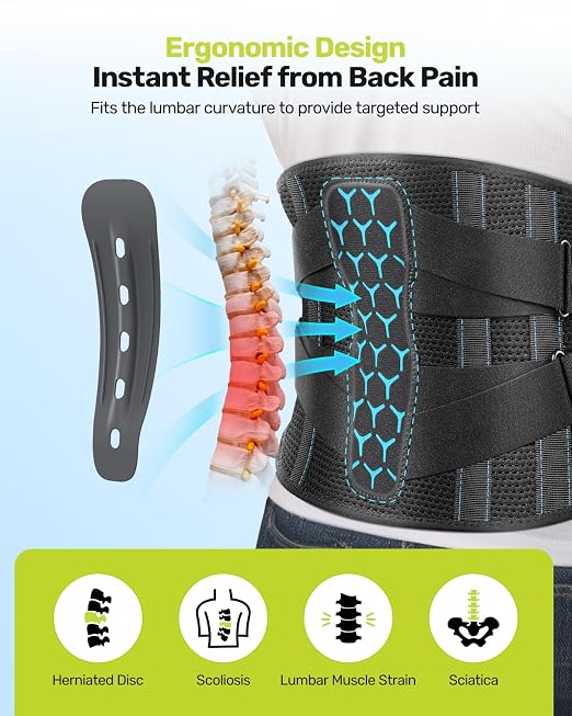 Rakiie Back Brace for Lower Back Pain Relief for Women Men, Back Support Belt with 7 Stays for Lifting at Work, Breathable Soft Lumbar Support with 3D Support Removable Pad for Herniated Disc, Sciatica, Size XXL (Waist: 51.2"-62.9")