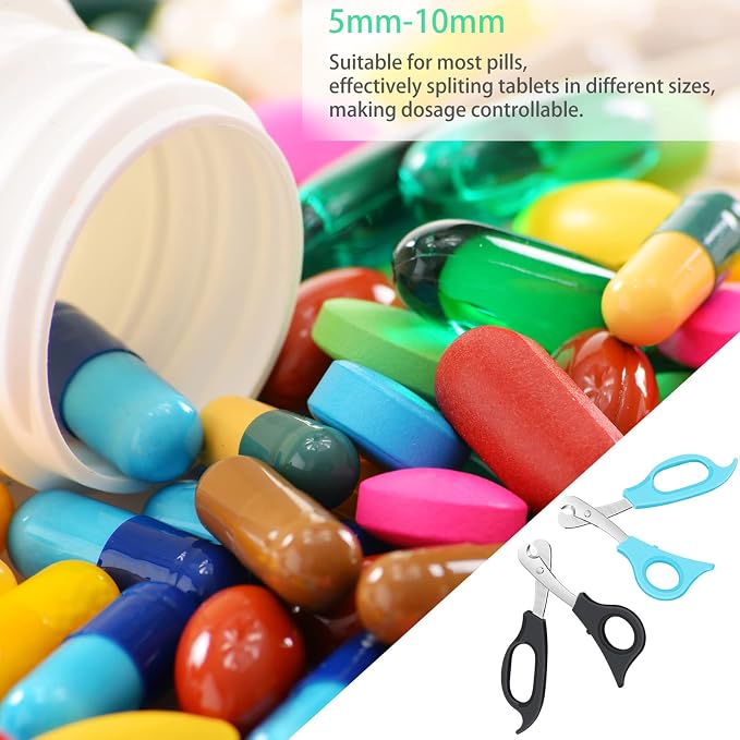 2 Pieces Pill Splitter Scissors Pill Scissors Cutter with Stainless Steel Blade and Ergonomic Handle for Accurate Dosage of Small Large Pills Tablets Vitamins Elderly Kids Pets Travelling Favors