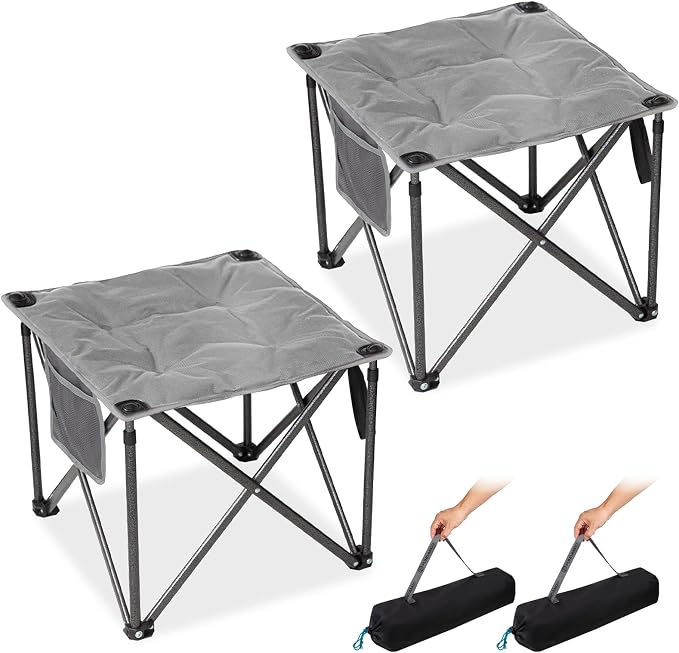 FUNDANGO Oversized Camping Stool for Adults, 2 Pack Thick Padded 18.1 Inch Folding Ottoman Foot Rest, 440 Lbs Heavy Duty Outdoor Camp Chairs with Anti-Slip Foots&Carry Bag for Fishing Travel (Grey)