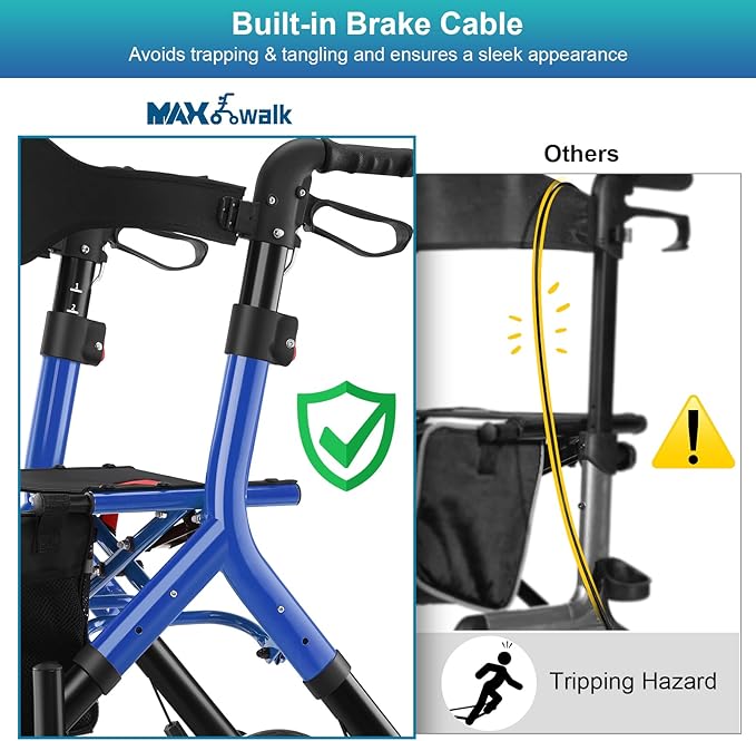 Rollator Walker with Seat, Tall Walkers for Seniors, 12" Big Rubber Wheels All Terrain Rollator Walker with Backrest, Built-in Cable, Foldable and Dual Adjustable Height for 5.3-7ft, Blue