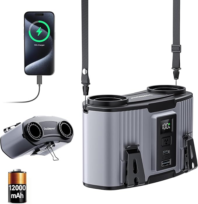 Doublepow 12000mAh Portable Waist Fan, Personal Waist Fan, Dual Air Ducts Motors, USB Rechargeable Clip On Belt for Working, 10 Speeds & 23H Wearable Neck Cooling, for Outdoor, Work, Travel (Gray)