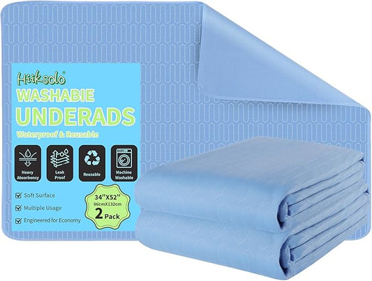Washable Bed Underpads with Encased Edges, 34" x 52" 2 Pack Heavy Absorbency Leakproof Mattress Protector, Reusable Waterproof Pee Pads for Adults, Kids, Incontinence, Dogs (Blue)
