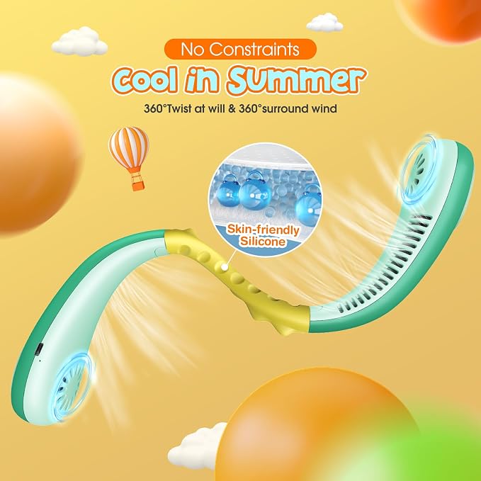 Dinosaur Kids Neck Fan, Safe Bladeless Neck Fans for Kid, 2600mAh Portable Rechargeable Cooling Fan for 4-14Y Boys, 4 Speeds & Lightweight & Hands-free, Kids Camp, Travel, Summer Essentials