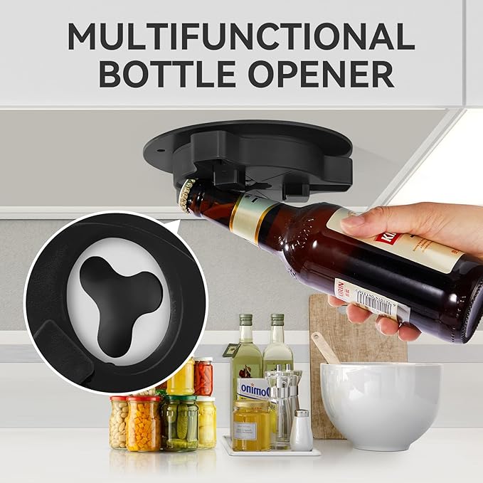 Jar Opener Bottle Opener for Seniors with Arthritis - Under Cabinet Jar Opener for Weak Hands, Rotary Lid Opener, Easy Twist-Off Lids for Jars & Bottles, Original Kitchen Gadgets (Black)