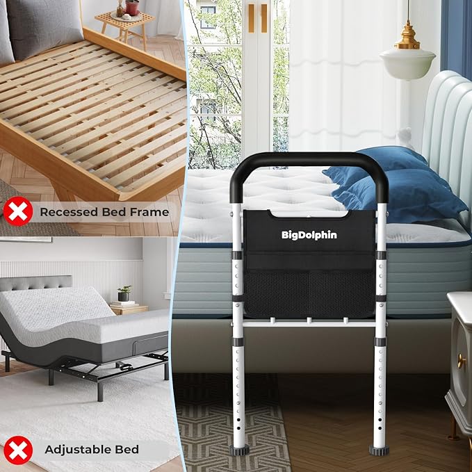 Bed Rails for Elderly Adults Safety - ASTM Approved Adjustable Bed Cane with Non-Slip Ergonomic Handle & Storage Pocket, 400 LBS Stable Bed Assist Rails for Seniors, Tool-Free