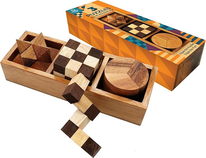 BSIRI 3 Puzzles in a Box - Wooden Brain Teaser Puzzle, 3D Mind Puzzle for Adults, Educational Senior Games, and Brain Games, Ideal for Birthday Gifts and Patio Décor