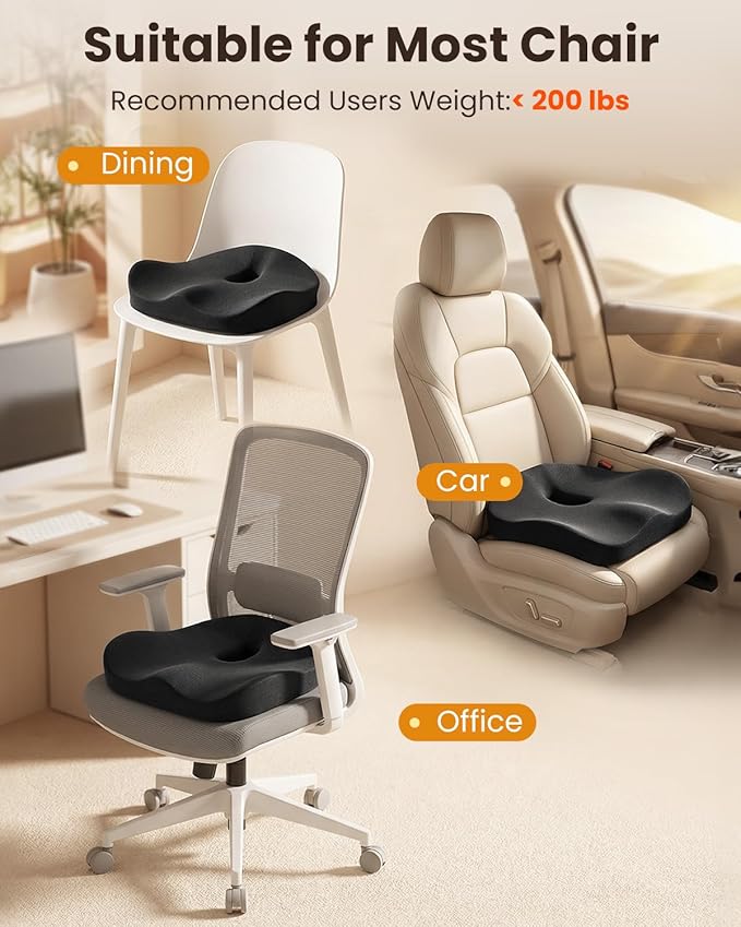 Seat Cushion, X Large Office Chair Cushion for Sciatica Pain Relief, Memory Foam Ergonomic Cushions Pad Pillow for Car, Home, Hip, Tailbone, Coccyx, Long Sitting