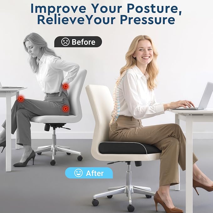 Seat Cushion, Memory Foam Office Chair Cushion, Black, X-Large | Office Desk Accessories, Butt Pillow for Long Sitting Sciatica, Coccyx, Tailbone, Hip Pain Relief - for Home, Car, Airplane