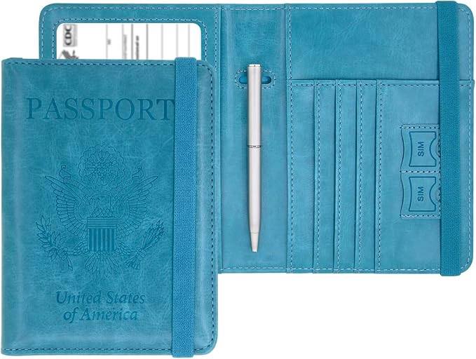 Passport Holder for Travel, RFID Blocking Passport Cover with Vaccine Card Slot, Leather Travel Wallet Combo & ID Organizer for Women, Teal