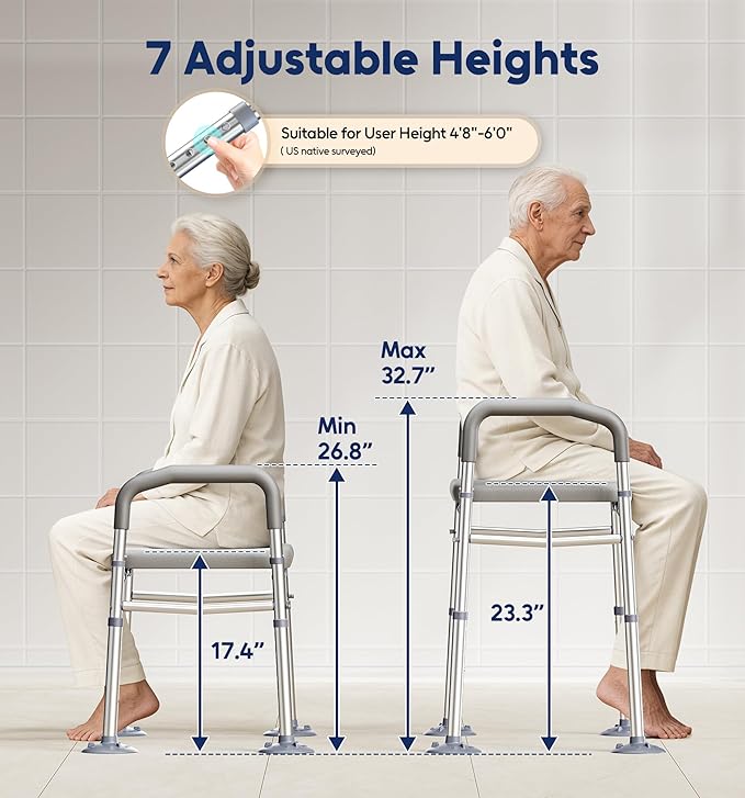 Bluelog Raised Toilet Seat Risers for Seniors with Handles, Grey | Adjustable 7 Height & 6 Width, 400lbs Heavy-Duty Support, Built-in Paper Holder & Storage, For Elderly & Handicap