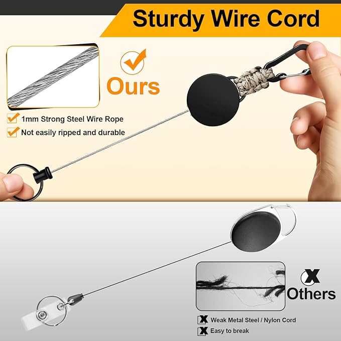 Retractable Keychain 4 Pieces Heavy Duty Carabiner Badge Holder Retractable Badge Reel ID Holder Extendable Key Ring Key Holder with 23.6” Steel Cord and Paracord(Black + Beige + Blue + Orange)