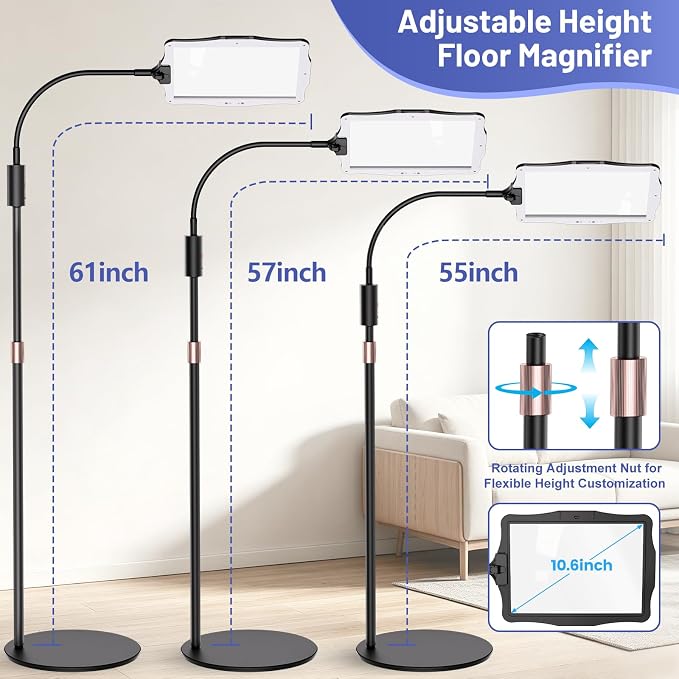 Hands Free Floor Magnifying Glass, with Light and Stand, 48-LEDs Rechargeable Floor Magnifying, Suitable for Reading, Sewing, Crafts, DIY, Embroidery, Close Work. Magnifiers for Seniors