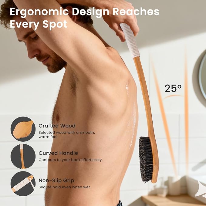 Back Scrubber for Shower，17in Bamboo with Curved Long Handle - Stiff Natural Boar Bristles for Men and Women, Deep Cleansing and Exfoliating, Anti-Slip Grip for Wet or Dry Brushing (Black)