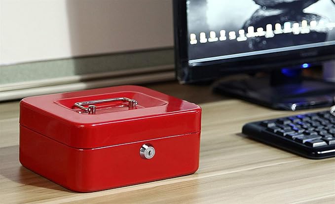 Jssmst Locking Medium Steel Cash Box with Money Tray,Lock Box,Red