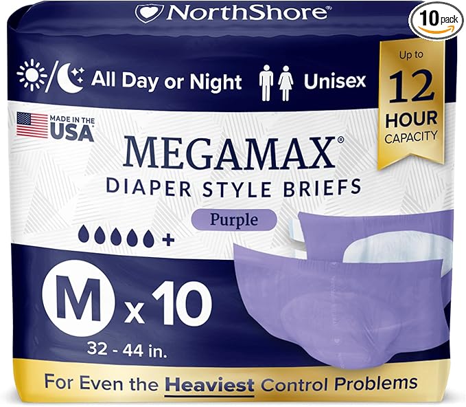NorthShore MegaMax Made in USA 12-Hour HBL Adult Diapers for Heavy Bladder Leaks, Medium, 10 Count, Purple, 32-44 inches, Tab-Style Incontinence Underwear for Men, Women & Teens