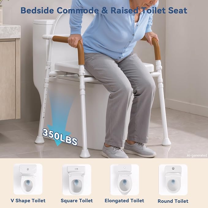Bedside Commode for Seniors, 6.3 QT Removable Bucket & Splash Guard | 3-In-1 Potty Chair With Adjustable Height, Tool-Free Assembly, 350 Lbs Capacity, Portable Toilet For Adults & Post-Op Users