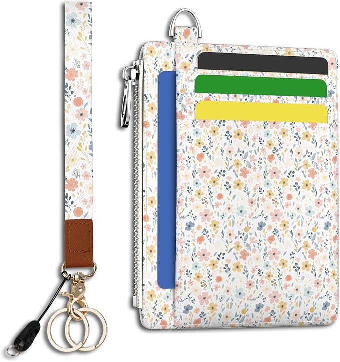 Hancynir Floral Flower Slim Wallet Women Credit Card Holder Wristlet RFID | Small Keychain Lanyard Wallet, Travel Zipper Coin Pocket, Ladies Gifts Women, Minimalist Card Case, 6 Card Slots, PU Leather