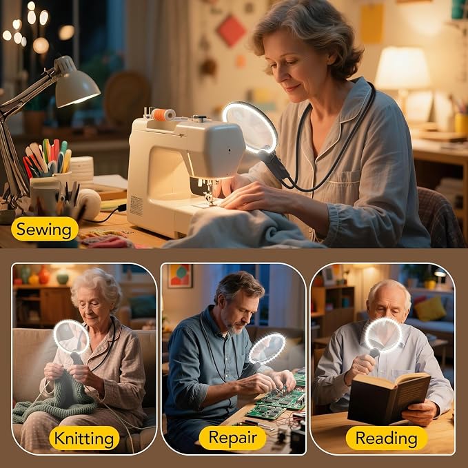 2500mAh Magnifying Glass with Light, 5X Hands Free Magnifier for Reading | Neck Magnifying Glass for Sewing, Knitting, Cross Stitch & Crafts, Rechargeable Lighted Magnifier for Seniors