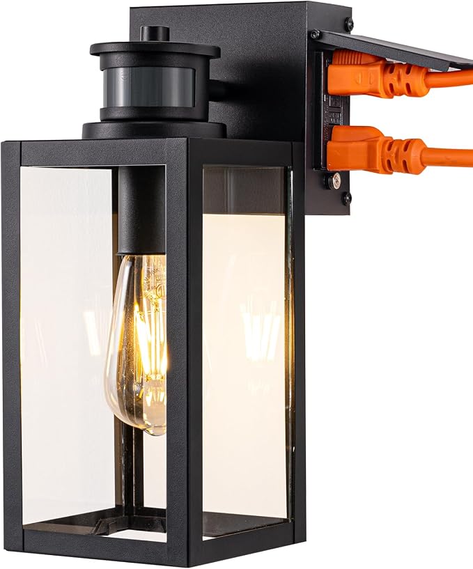 EDISHINE Black Motion Sensor Dusk to Dawn Outdoor Wall Light with Outlet | GFCI, 3 Modes, Clear Glass, Dimmable, E26 Base, 12"H, Waterproof Exterior Wall Sconce for Front Door, Garage, Patio