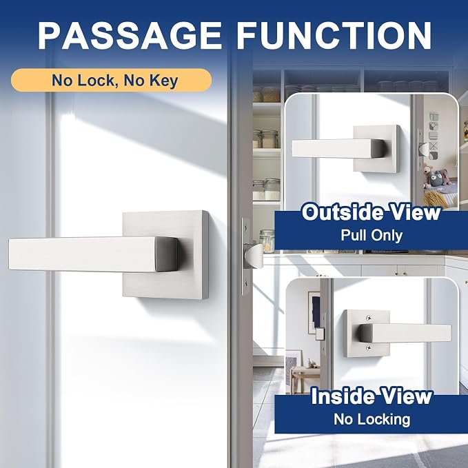 KNOBWELL 5 Pack Passage Door Handle Brushed Nickel Interior Door Knob, Pull Only Door Levers for Closet Hallway Satin Nickel Modern Door Lever(No Lock)